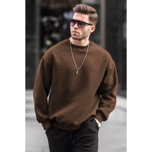 Kahverengi Bisiklet Yaka Oversize Şardonlu Basic Erkek Sweatshirt 6048