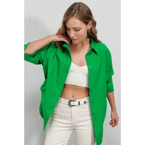 Kadın Yeşil Oversize Yandan Yırtmaçlı  Ip Büzgülü  Gömlek HZL23W-BD1201321