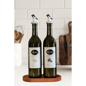 Black Deer Ahşap Stantlı Amber 2'li 750 ml Zeytinyağı Sıvıyağ Şişesi Damlatmaz Yağdanlık Yağlık Beyaz Etiketli