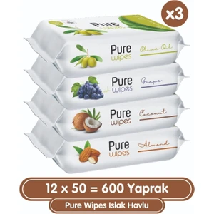 Pure Baby Islak Havlu Günlük Kullanım 600 Yaprak 12 Paket Bebekler İçin Uygun