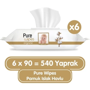 Pure Baby Wipes Pamuklu Organic Islak Mendil 90' 'lı 6 Paket 540 Yaprak Pure-Mndl-90