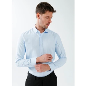 Basic Düğmeli Yaka Armürlü Açık Mavi Erkek Gömlek MAYDOS 9 CEPSIZ AD