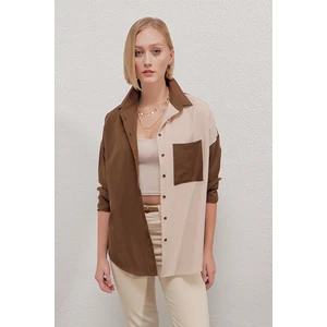 Kadın Kahverengi Krem Renk Bloklu Oversize Poplin Basic Gömlek HZL22S-BD1201161