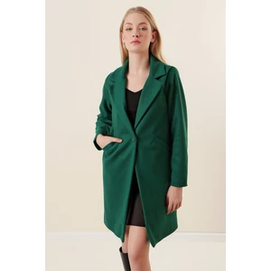 Kadın Zümrüt Yeşili Tek Düğmeli Çift Cepli Astarlı Şık Kaşe Kaban HZL23W-BD190851