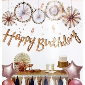 Parti Station Happy Birthday Kaligrafi Banner Altın Gümüş Rosegold Siyah Mavi Pembe