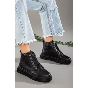 Hakiki Deri Kalın Taban Halka Bağcıklı Siyah Kadın Bot