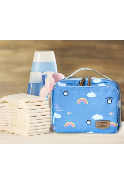 Sunshine Mavi Penguen Desen Alt Açma Bebek Bezi Bakım Çantası Bebek Organizeri