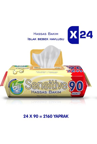 Bii Wipes Sensitive 90'lı Hassas Bakım Islak Bebek Havlusu 24 Paket