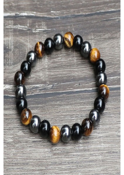 Sertifikalı Sağlık Mıknatısı Doğal Taş Bileklik (Kaplan Gözü-Hematit-Oniks)