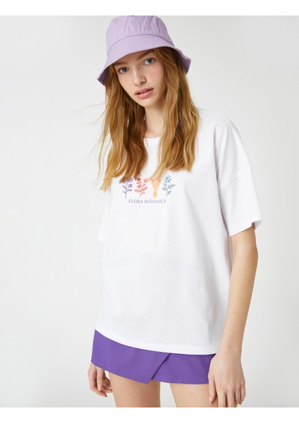 Kısa Kollu Tişört Rahat Kesim Bisiklet Yaka Baskılı