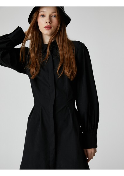 Gömlek Elbise Beli Piliseli Uzun Kollu Pamuklu Manşet Yaka