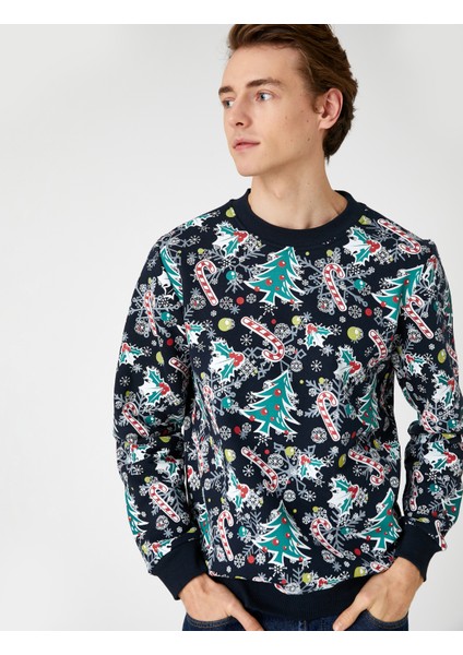 Yılbaşı Temalı Sweatshirt Baskılı Bisiklet Yaka Uzun Kollu