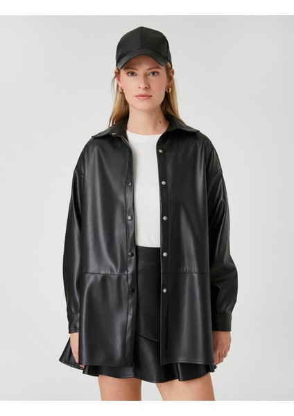 Deri Görünümlü Gömlek Ceket Çıtçıtlı Yırtmaç Detaylı modelleri