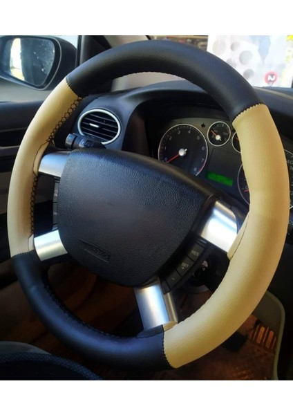 Vw Polo 2017> Uyumlu Direksiyon Kılıfı Dikmeli Iki Renkli Bej Siyah (4prçlı)