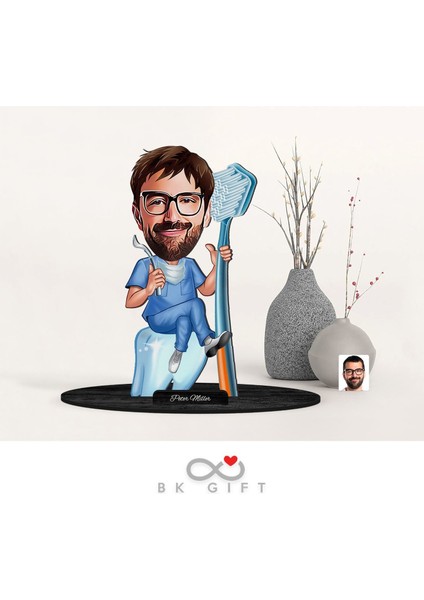 Gift Kişiye Özel Erkek Diş Hekimi Karikatürlü Ahşap Biblo-1