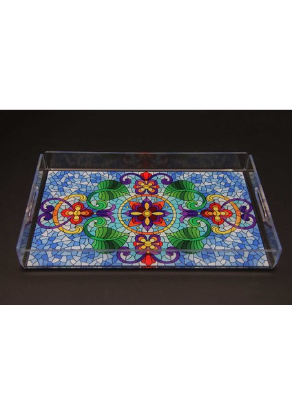 Şeffaf Akrilik Desenli Dikdörtgen (Büyük Boy) Tepsi 40X25 cm