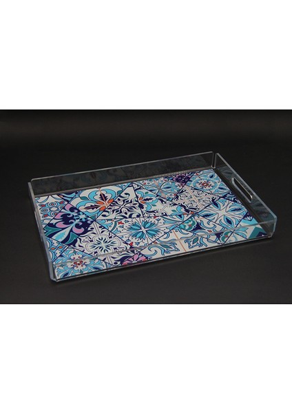 Şeffaf Akrilik Desenli Dikdörtgen (Büyük Boy) Tepsi 40X25 cm