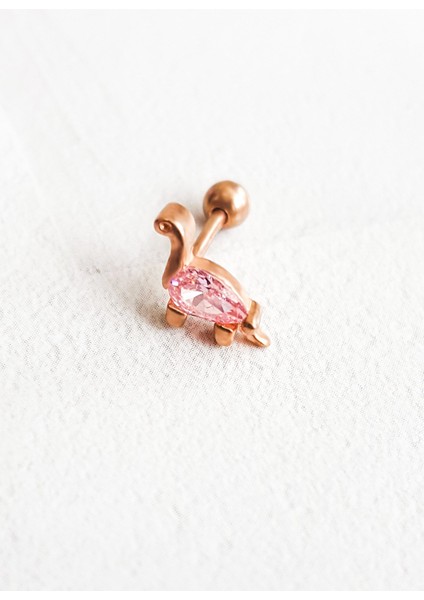 Tekli Ithal Dinazor Pembe Taşlı Gümüş Piercing Küpe