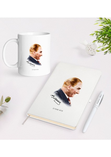 Kişiye Özel Atatürk Temalı Beyaz Defter Kalem Kupa Seti-11