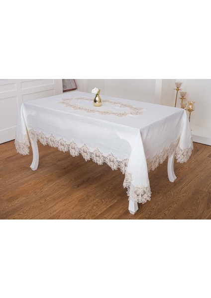 Nihal Lüx Dantelli Simli Keten Kumaş Krem Masa Örtüsü 160X230 cm - 1423