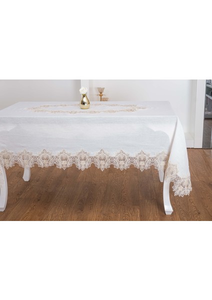 Nihal Lüx Dantelli Simli Keten Kumaş Krem Masa Örtüsü 160X230 cm - 1423 fiyatları