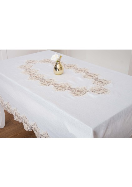 Nihal Lüx Dantelli Simli Keten Kumaş Krem Masa Örtüsü 160X230 cm - 1423 modelleri