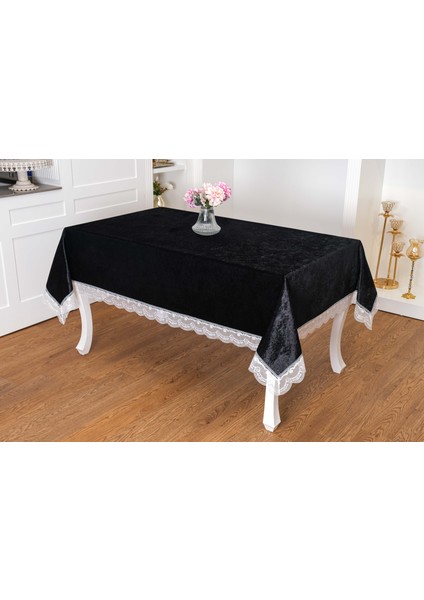 Pera Lüx Dantelli Kadife Kumaş Siyah Masa Örtüsü 160X220 cm - 1422