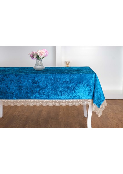 Pera Lüx Dantelli Kadife Kumaş Turkuaz Masa Örtüsü 160X220 cm - 1421 fiyatları