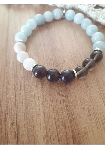 Sertifikalı Akuamarin, Dumanli Kuvars, Ay Taşı ve Ametist Doğal Taş Bileklik