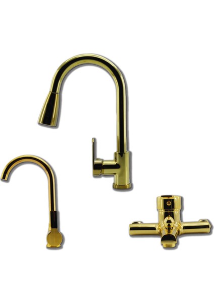 Gizli Sipirelli Evye Batarya Gold (Altın) Renk 3'lü Set Evye-Lavabo-Banyo Bataryası