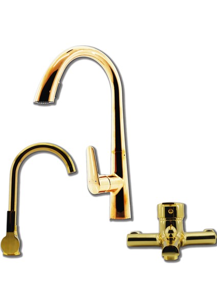 Gizli Sprelli Evye Batarya Gold (Altın) Renk 3'lü Set Evye-Lavabo-Banyo Bataryası