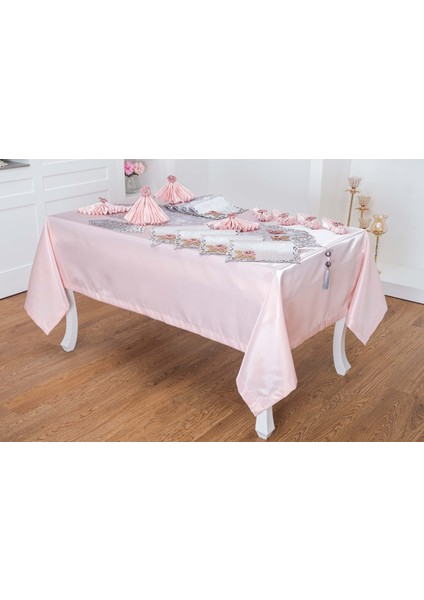 Afife Kadife Gümüş Pudra Sofra Takımı 8 Kişilik 160X230 cm 34 Prç -1425