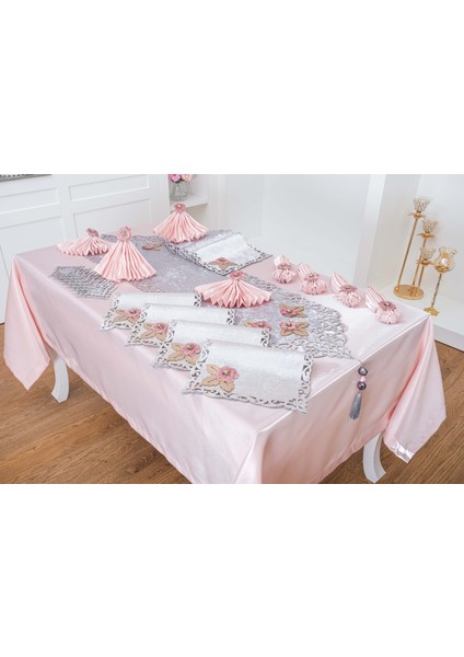 Afife Kadife Gümüş Pudra Sofra Takımı 8 Kişilik 160X230 cm 34 Prç -1425 fiyatları