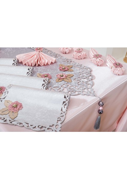 Afife Kadife Gümüş Pudra Sofra Takımı 8 Kişilik 160X230 cm 34 Prç -1425 modelleri