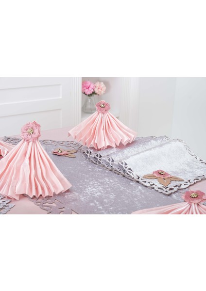 Afife Kadife Gümüş Pudra Sofra Takımı 8 Kişilik 160X230 cm 34 Prç -1425 indirimleri