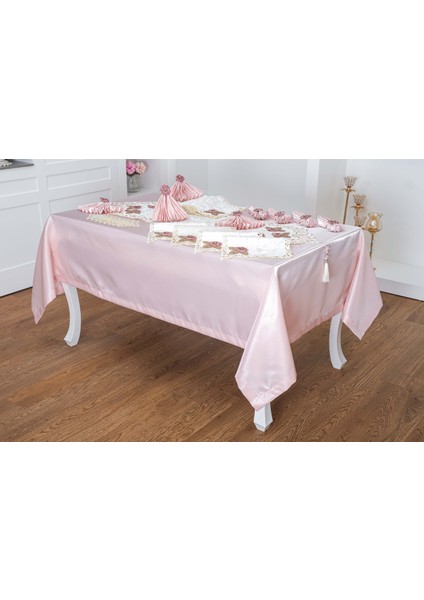 Afife Kadife Krem Pudra Sofra Takımı 8 Kişilik 160X230 cm 34 Parça -1426
