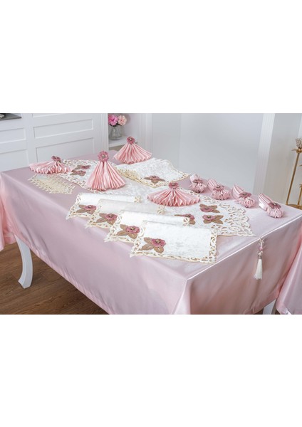 Afife Kadife Krem Pudra Sofra Takımı 8 Kişilik 160X230 cm 34 Parça -1426
