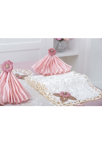 Afife Kadife Krem Pudra Sofra Takımı 8 Kişilik 160X230 cm 34 Parça -1426