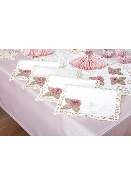 Afife Kadife Krem Pudra Sofra Takımı 8 Kişilik 160X230 cm 34 Parça -1426