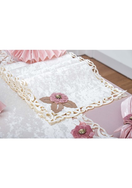 Afife Kadife Krem Pudra Sofra Takımı 8 Kişilik 160X230 cm 34 Parça -1426