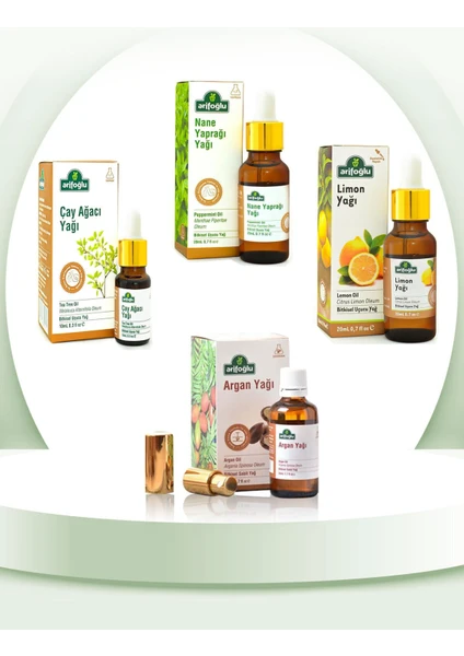 Yağlı Saç Seti: Limon Yağı 20 ml, Çay Ağacı Yağı 10 ml, Argan Yağı 50 ml, Nane Yaprağı Yağı 20 ml