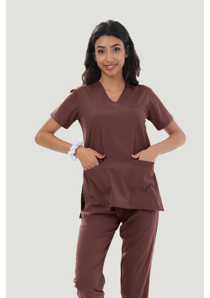 Likralı Core-Flex Scrubs Cerrahi Nöbet Takım - Kahverengi
