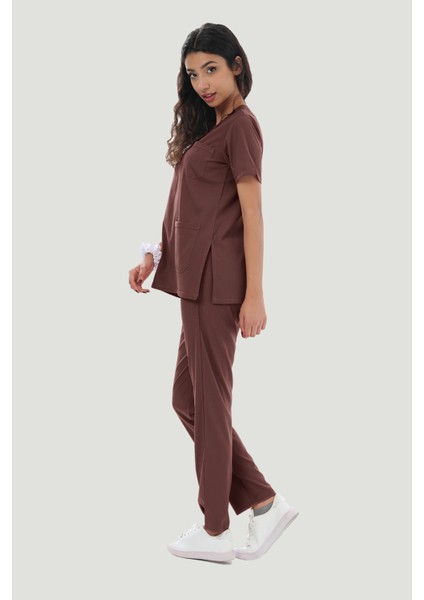 Likralı Core-Flex Scrubs Cerrahi Nöbet Takım - Kahverengi modelleri