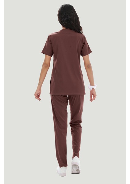 Likralı Core-Flex Scrubs Cerrahi Nöbet Takım - Kahverengi indirimleri