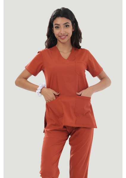 Likralı Core-Flex Scrubs Cerrahi Nöbet Takım - Kiremit