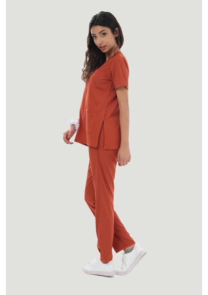 Likralı Core-Flex Scrubs Cerrahi Nöbet Takım - Kiremit modelleri