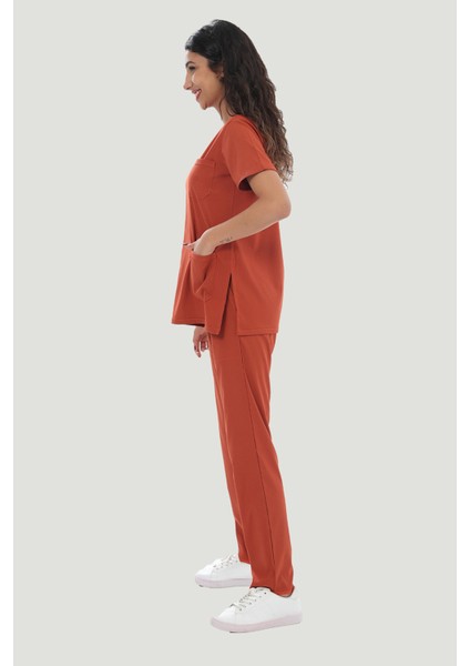 Likralı Core-Flex Scrubs Cerrahi Nöbet Takım - Kiremit fırsatları