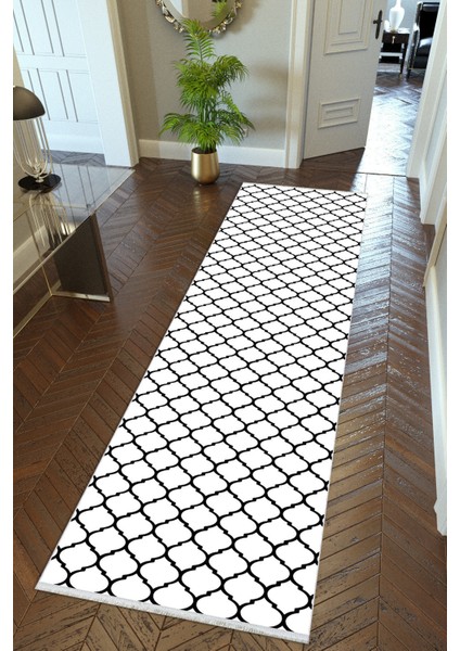 yolluk Koridor Beyaz Siyah Dijital Baskı Kaymaz Yuvarlak Oval Kesme Ince Yıkanabilir Halı