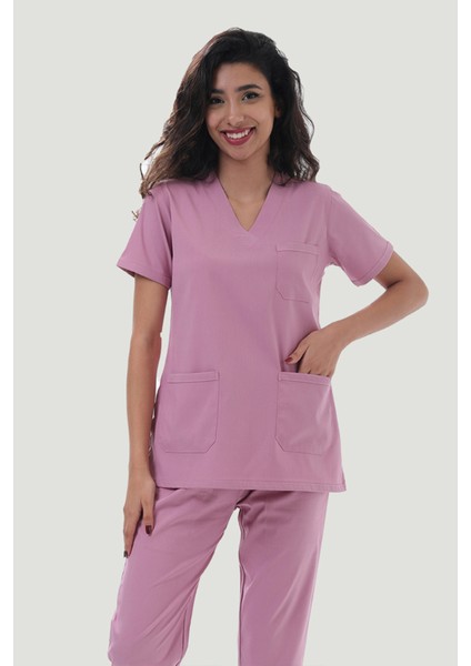 Likralı Core-Flex Scrubs Cerrahi Nöbet Takım - Pudra