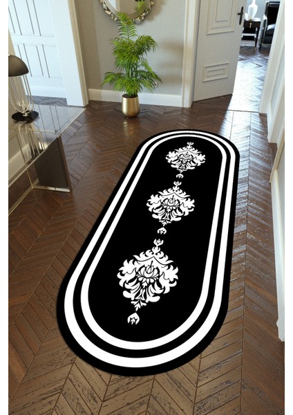 oval Yolluk Siyah Beyaz Dijital Baskı Kaymaz Yuvarlak Oval Kesme Ince Yıkanabilir Halı